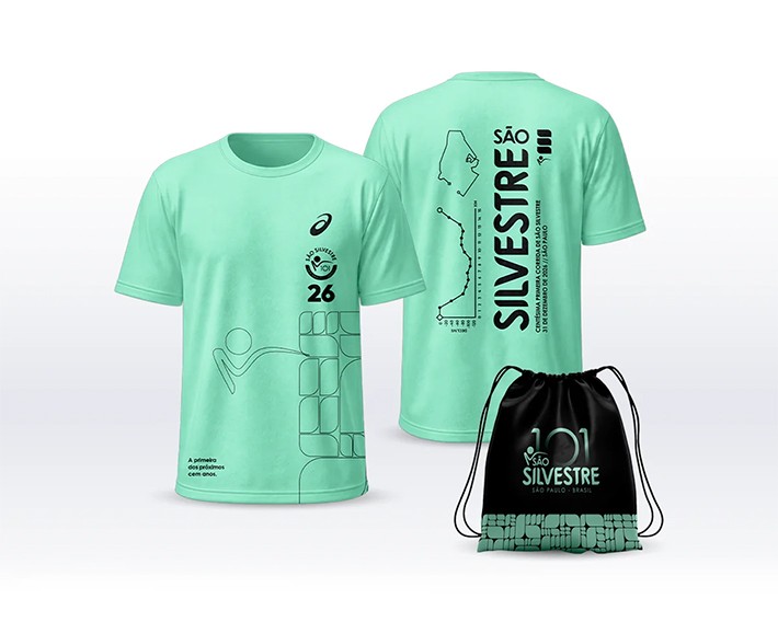 Kit Básico da São Silvestre 2026: camiseta verde-menta da ASICS e sacochila preta
