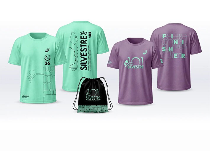 Kit Intermediário da São Silvestre 2026: camiseta oficial verde, camiseta finisher lilás e sacochila